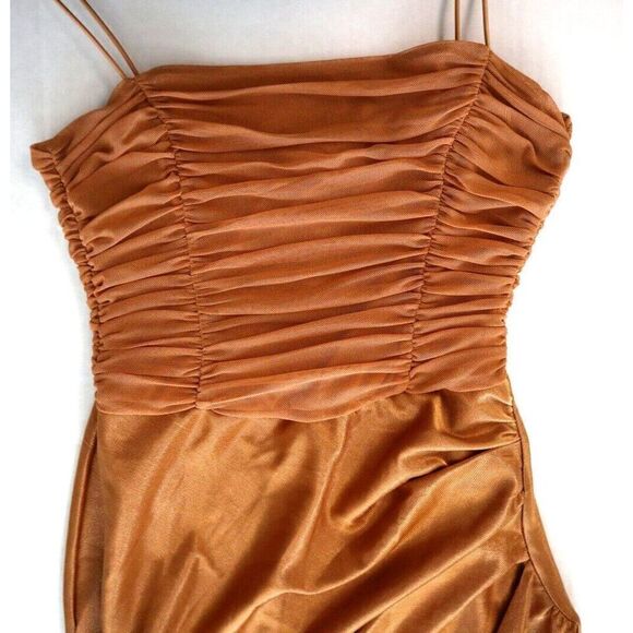 ASOS DESIGN Women's Sz 4 Gold Mesh Ruched Cami Drape Satin Midi Dress - Picture 8 of 14